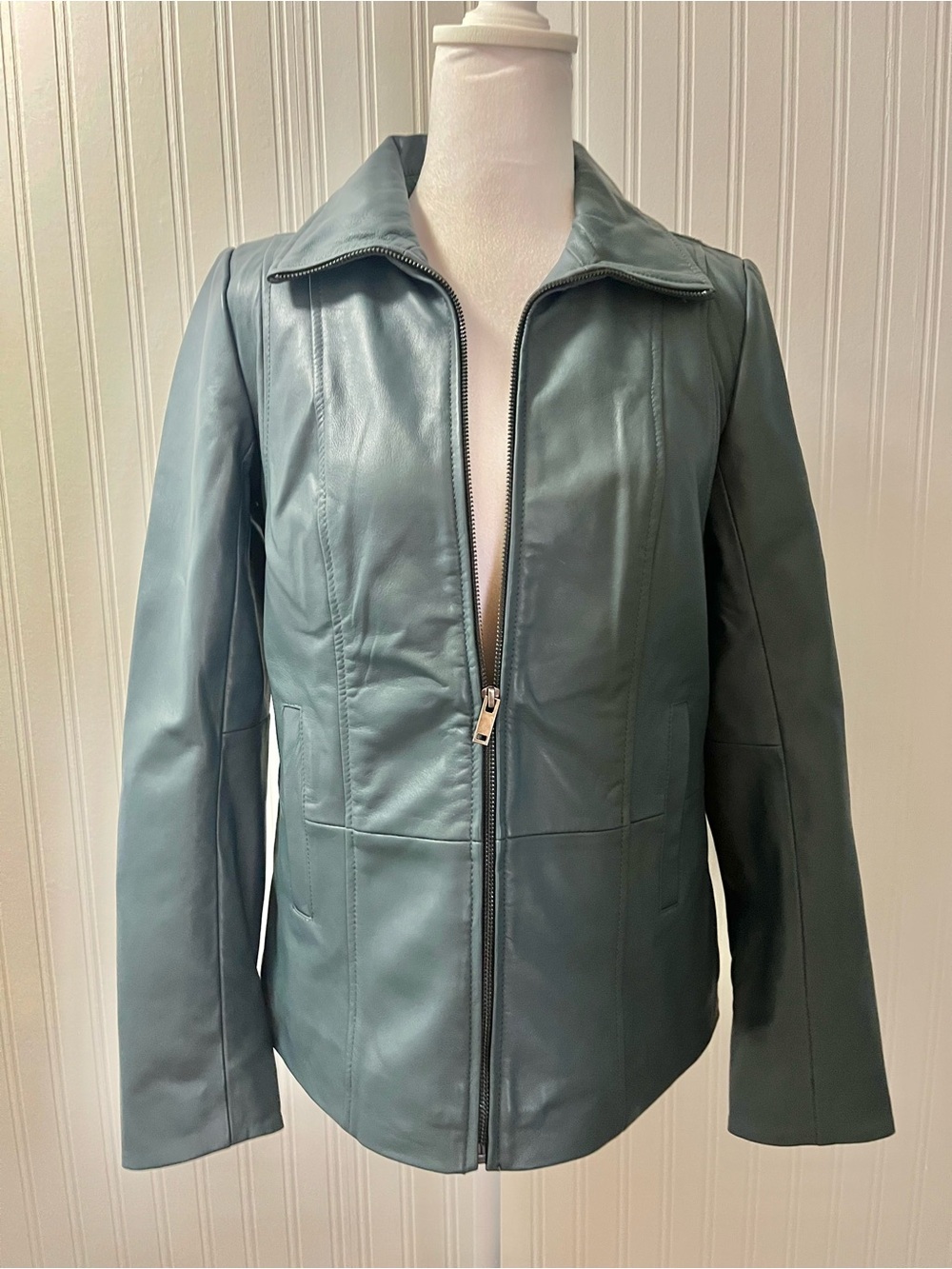 Women’s Teal Leather Zip-Front Jacket